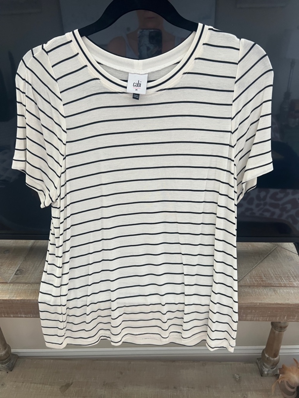 CAbi Cream Short-Sleeve Crewneck Tee with Black Stripes